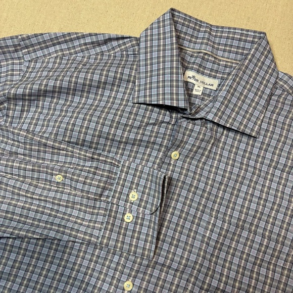 PETER MILLAR Blue Cotton-Stretch Sport LS Button Shirt Blue White Mens Sz XL - Picture 1 of 6